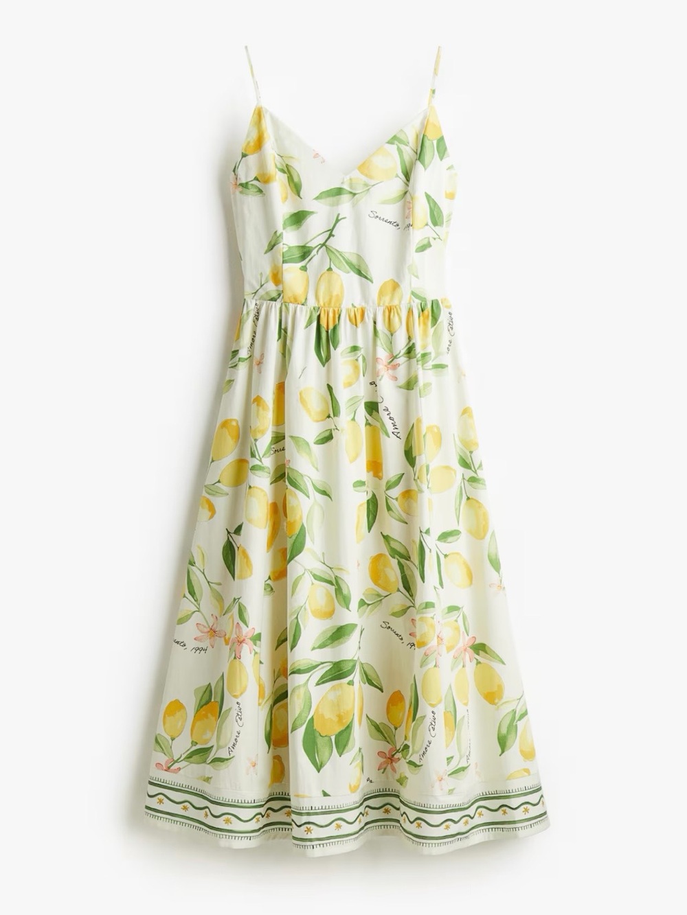 H&M Lemon-Print Spaghetti-Strap Midi Dress — White, Yellow & Green